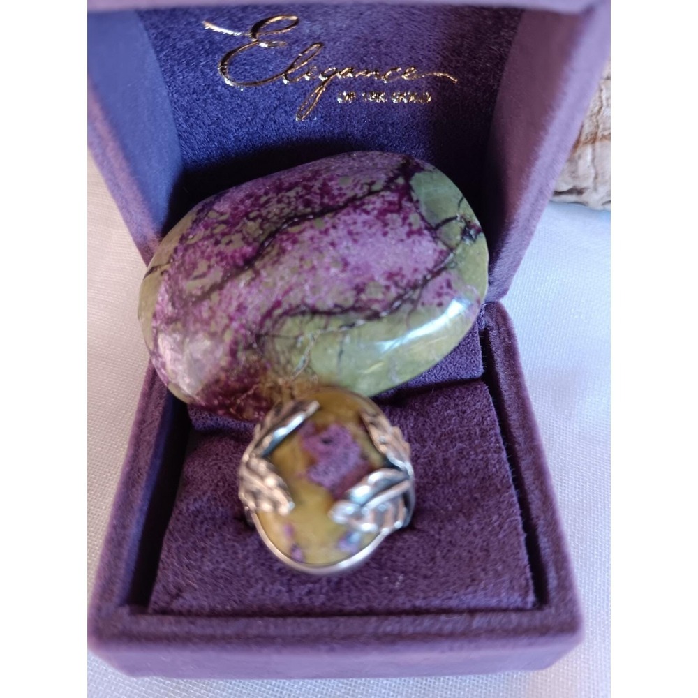 925 Sterling Silver Rare Oval Stichtite + Serpentine Ring Size 7 & Palm Stone - Picture 10 of 12
